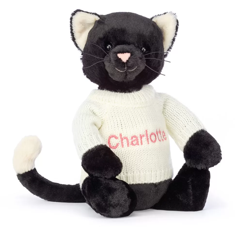 Gattino Nero Coccoloso Jellycat - Maglioncino Avorio Personalizzato a Mano