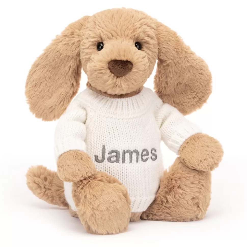 Cagnolino Jellycat in morbido peluche caramello con maglia personalizzata in crema avvolgente