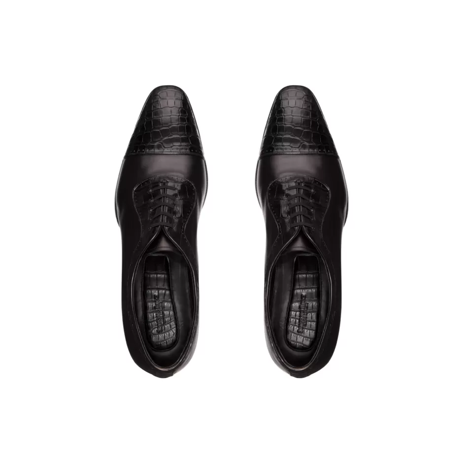 Stefano Ricci - Scarpe Oxford di Lusso in Pelle Vitello con Dettagli in Coccodrillo Opaco

（：，